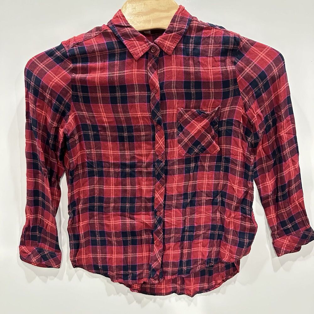 Beach Lunch Lounge Shirt Womens Large Red Plaid‎ Long Sleeve Button Up Flannel